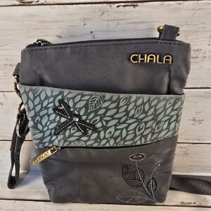 Chala Dragonfly Crossbody Bag Gray‎ Nylon Floral Embroidered Small Purse
